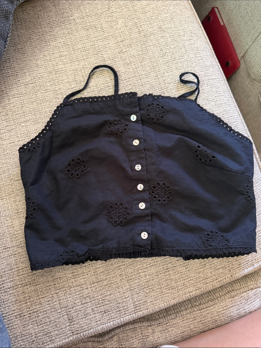 Joie Black Eyelet Button-Front Crop Top - Picture 1 of 8